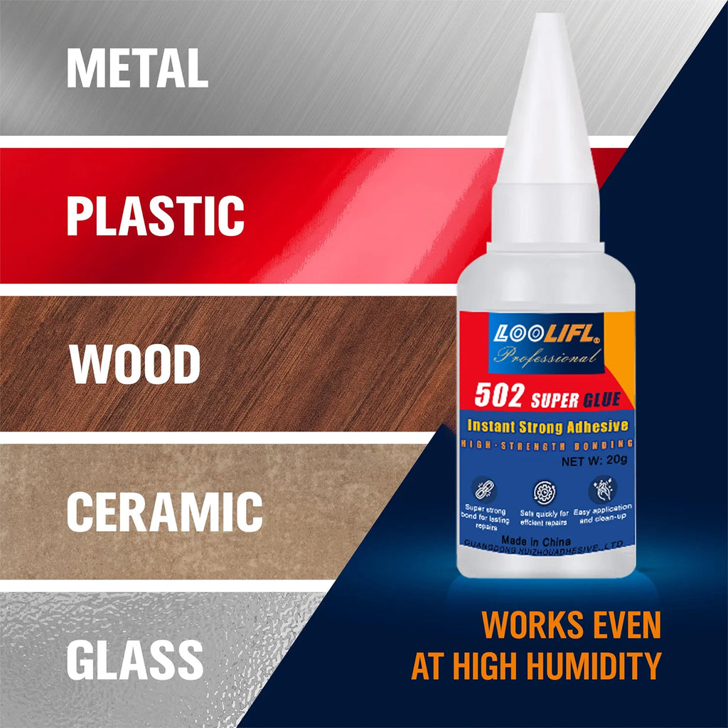 Loolifl Professional 502 Fast Adhesive Waterproof Universal Repair Glue Food Safe Ca Glue for Plastic, Wood, Metal, Ceramic, Glass, Super Glue, Stable and Safe