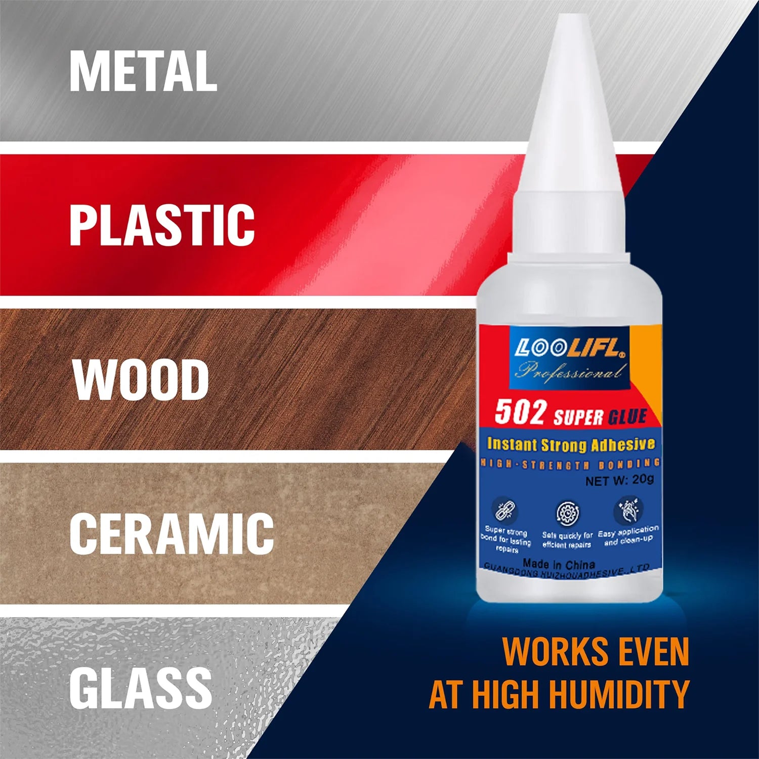 Loolifl Professional 502 Fast Adhesive Waterproof Universal Repair Glue Food Safe Ca Glue for Plastic, Wood, Metal, Ceramic, Glass, Super Glue, Stable and Safe