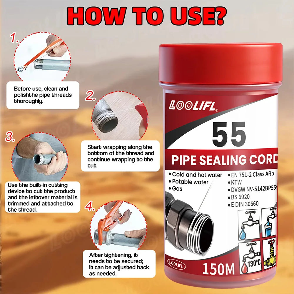 LOOLIFL 55Professional Pipe Sealing Cord Thread Seal Tape Alternative for Hot/Cold Water,Gas Pipeline Plumbing Sealing Solution