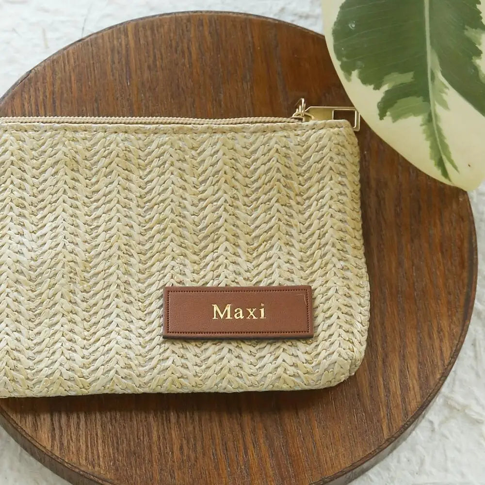 Custom Embossed Name Leather Label Straw Wristlet Clutch Bag Handmade Woven Raffia Cosmetic Makeup Pouch Beach Travel Storage