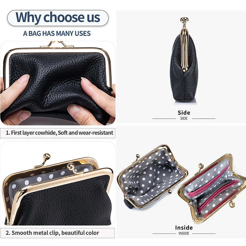 Women's Kiss Lock Crossbody Bag Genuine Leather Mini Handbags Kiss Clasp Crossbody Shoulder Bags Coin Purse Messenger Handbag