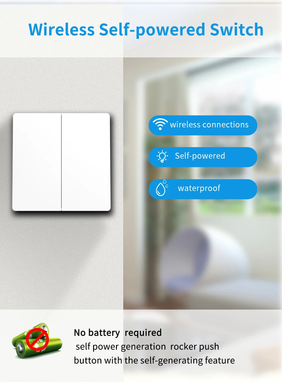 RF433 Self-Powered Wireless Light Switch, Kinetic No Battery,16A Relay, Retrofitting Easy Installation for Home Garage Garden