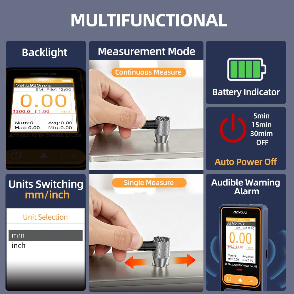 UTG-1 Ultrasonic Thickness Gauge 1-300mm ±0.4% Accuracy for Metal/Steel with Sound Velocity Measurement 1000 Data Storage