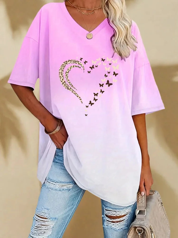2025plus Size Gradient Color Printed Heart Comfortable Women's Top Soft Casual Style Female Shirt in Vibrant Pink And Red