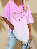 2025plus Size Gradient Color Printed Heart Comfortable Women's Top Soft Casual Style Female Shirt in Vibrant Pink And Red