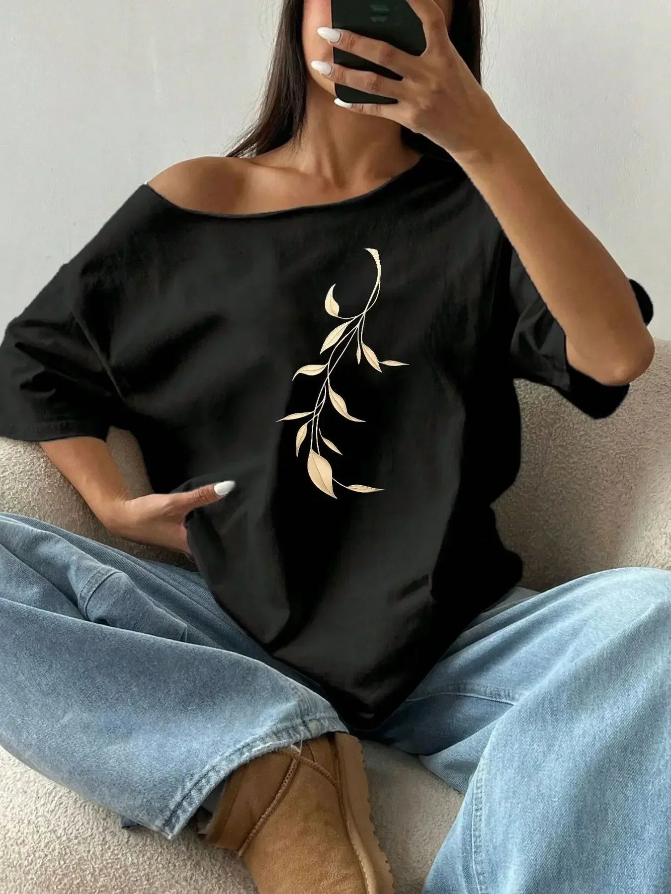 100% Cotton Plus Size Golden Leaf Pattern Shoulder Loose Print T-Shirt Oversized Y2K Style Graphic Tees Women Tops Summer Off