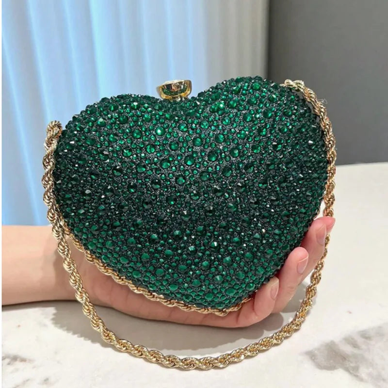 Luxury Diamond Inlay Heart Shape Crystal Clutch Purse Stones Evening Wedding Party Shoulder Bag Handle Rhinestone Mini Handbags