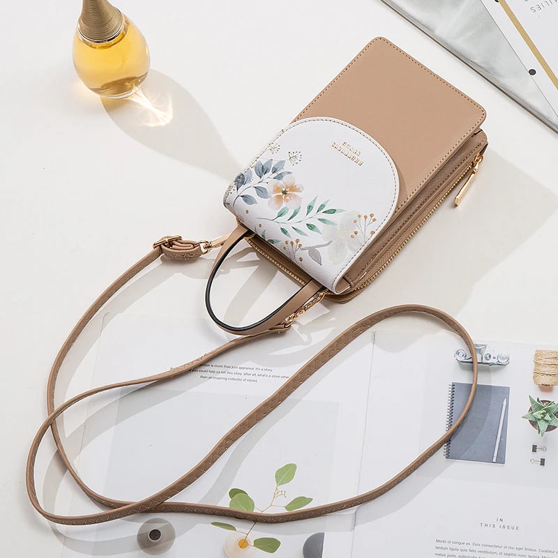 2024 Spring/summer new women's touch screen mobile phone bag Korean version PU leather clamshell printed shoulder bag Multi-func