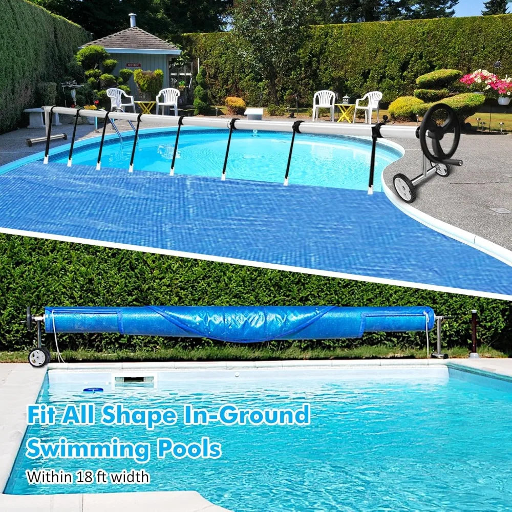 18 FT Adjustable Aluminum Pool Cover Reel with Hand Crank and Wheels for Inground Swimming Pools