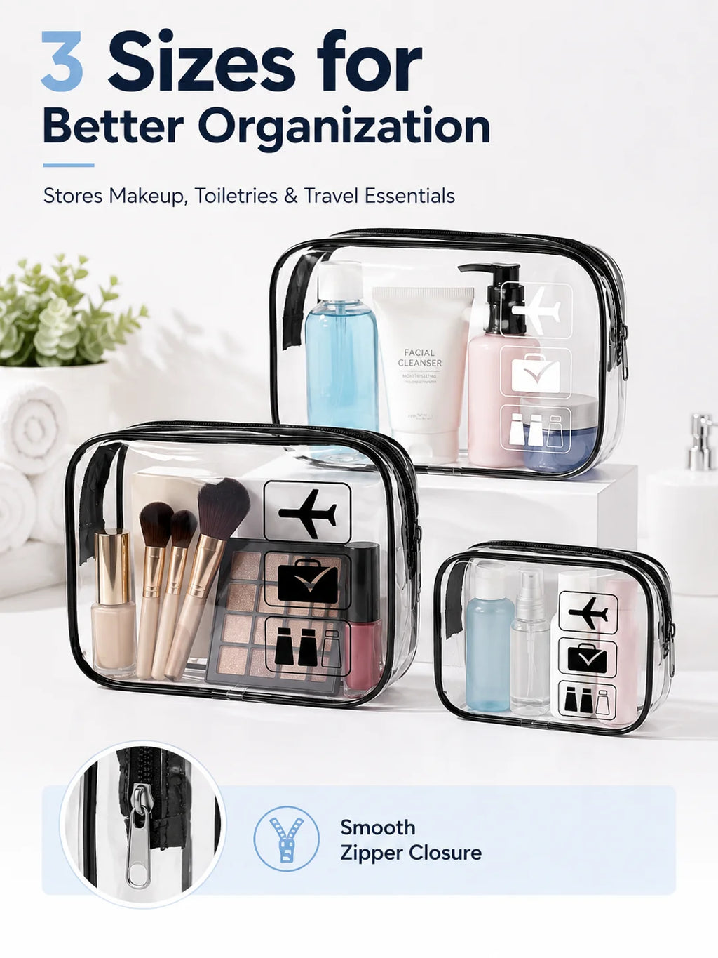 Clear TSA Travel Toiletry Bag Set, Waterproof PVC Cosmetic Organizer Pouch for Women Airport Vanity Storage