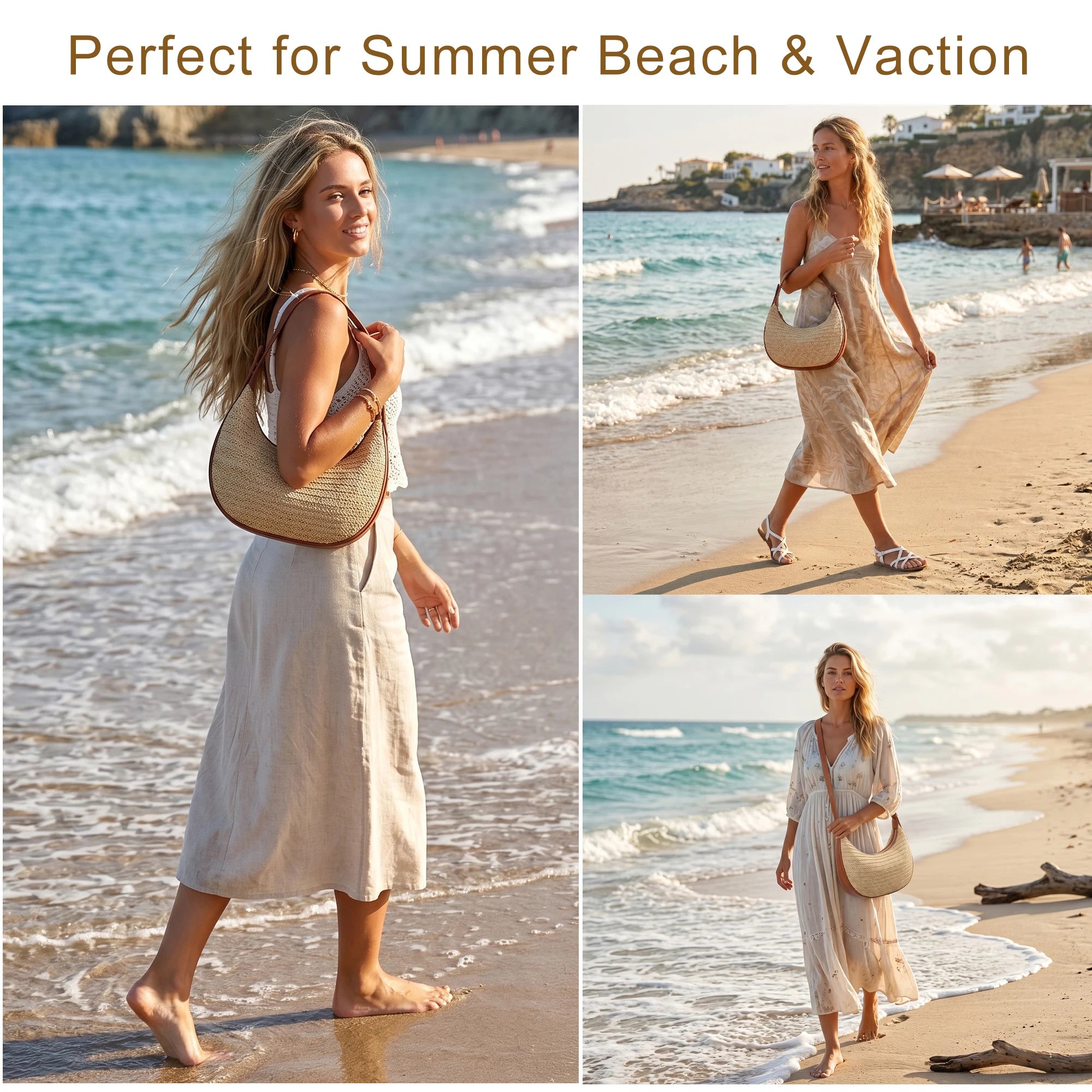 Causal Straw Woven Top-Handle Bags For Women Summer Holiday Beach Wrapped Handbags Ladies Handheld Crossbody Bags Totes Hobos Half Moon Bags