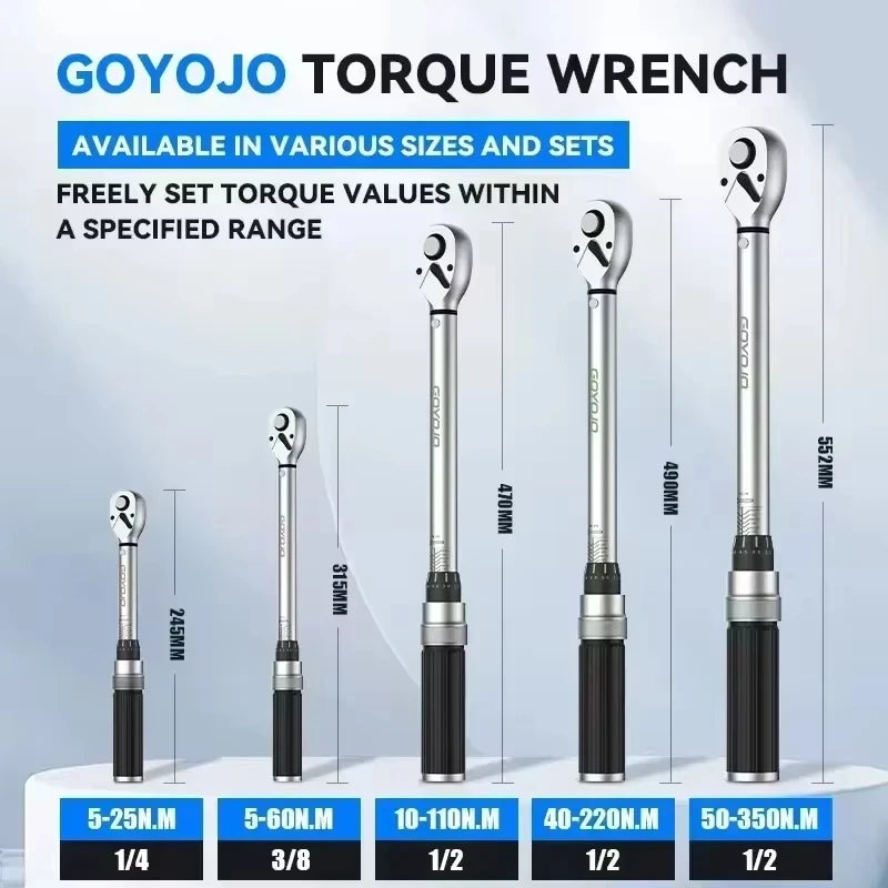 GOYOJO Adjustable Torque Wrench 1/4 3/8 1/2 Drive High Precision Cr-V Steel Ratchet Spanner Socket Repair Tool For Car Bike Moto