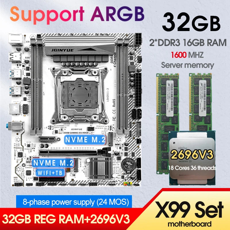 X99 GAMING D3 Motherboard Combo Kit Xeon E5 2696 V3 LGA2011-3 CPU Kit 2*16GB= 32GB DDR3 1600MHZ RAM Placa Mae X99 Set TPM 2.0