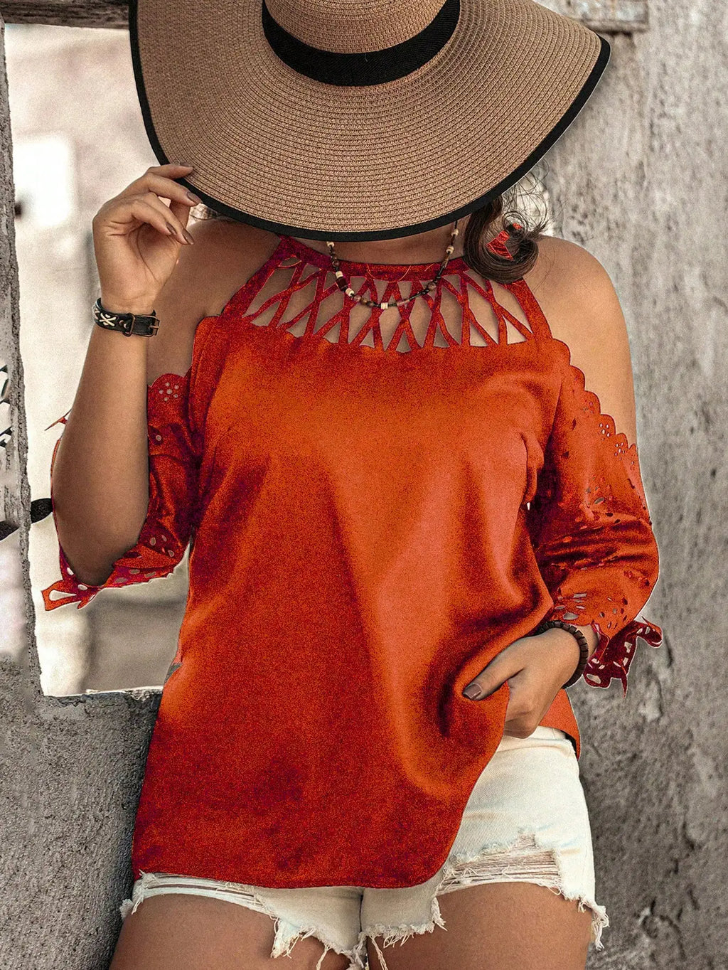 Women's Plus Size Halter Cutout Cold Shoulder Blouse, Eyelet Embroidery 3/4 Sleeve Boho Vacation Loose Top