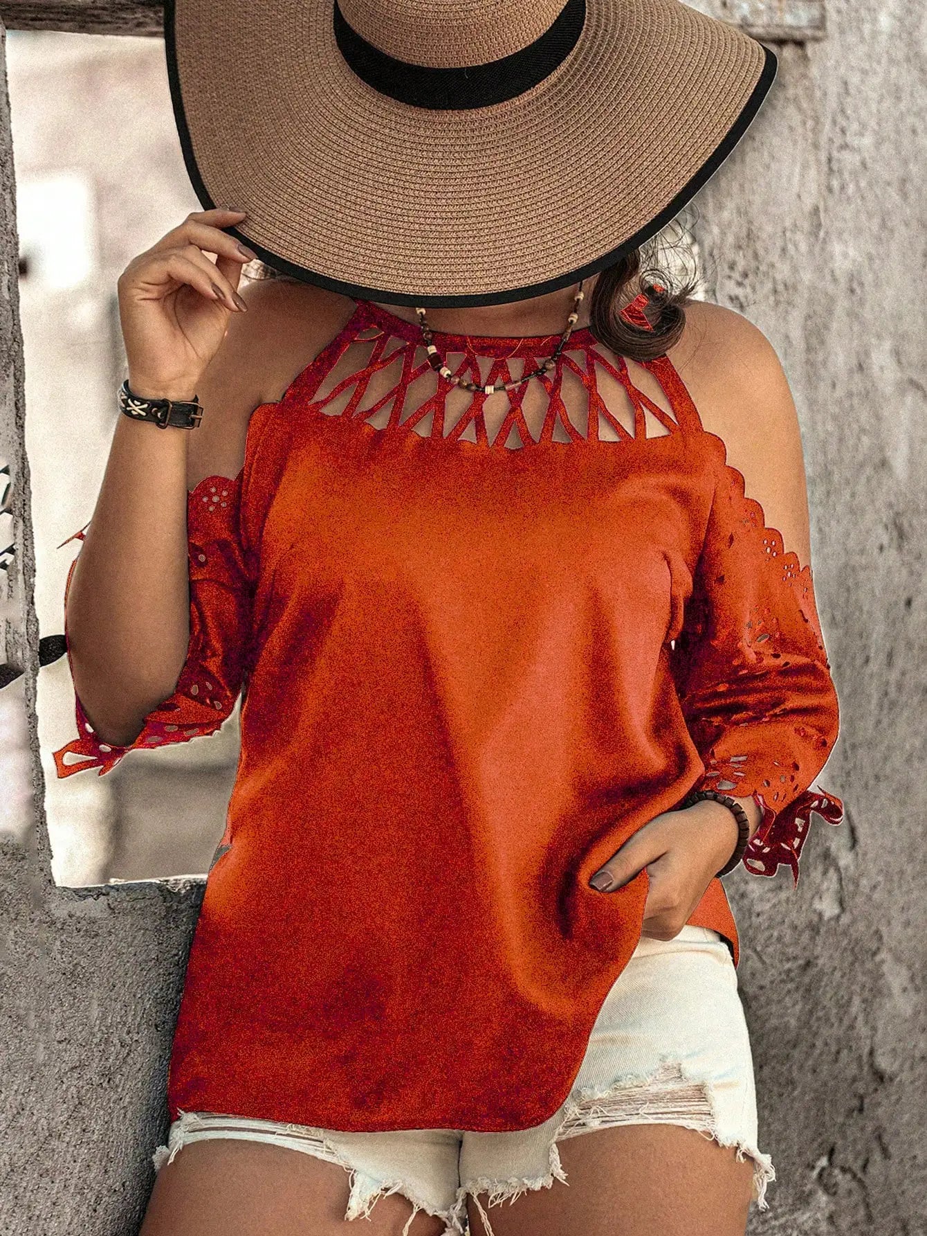 Women's Plus Size Halter Cutout Cold Shoulder Blouse, Eyelet Embroidery 3/4 Sleeve Boho Vacation Loose Top