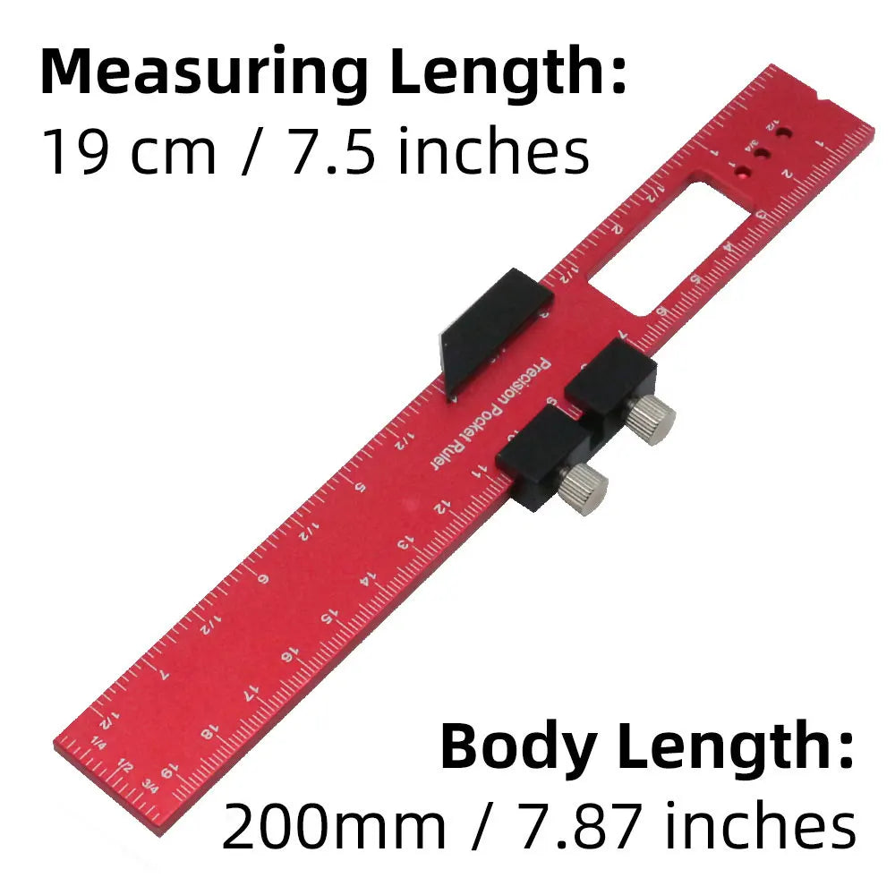 Precision Metal Slide Aluminum Alloy Pocket Ruler with Inch Metric Dual Scale for Woodworking Measurement Scribe DIY Hand Tools