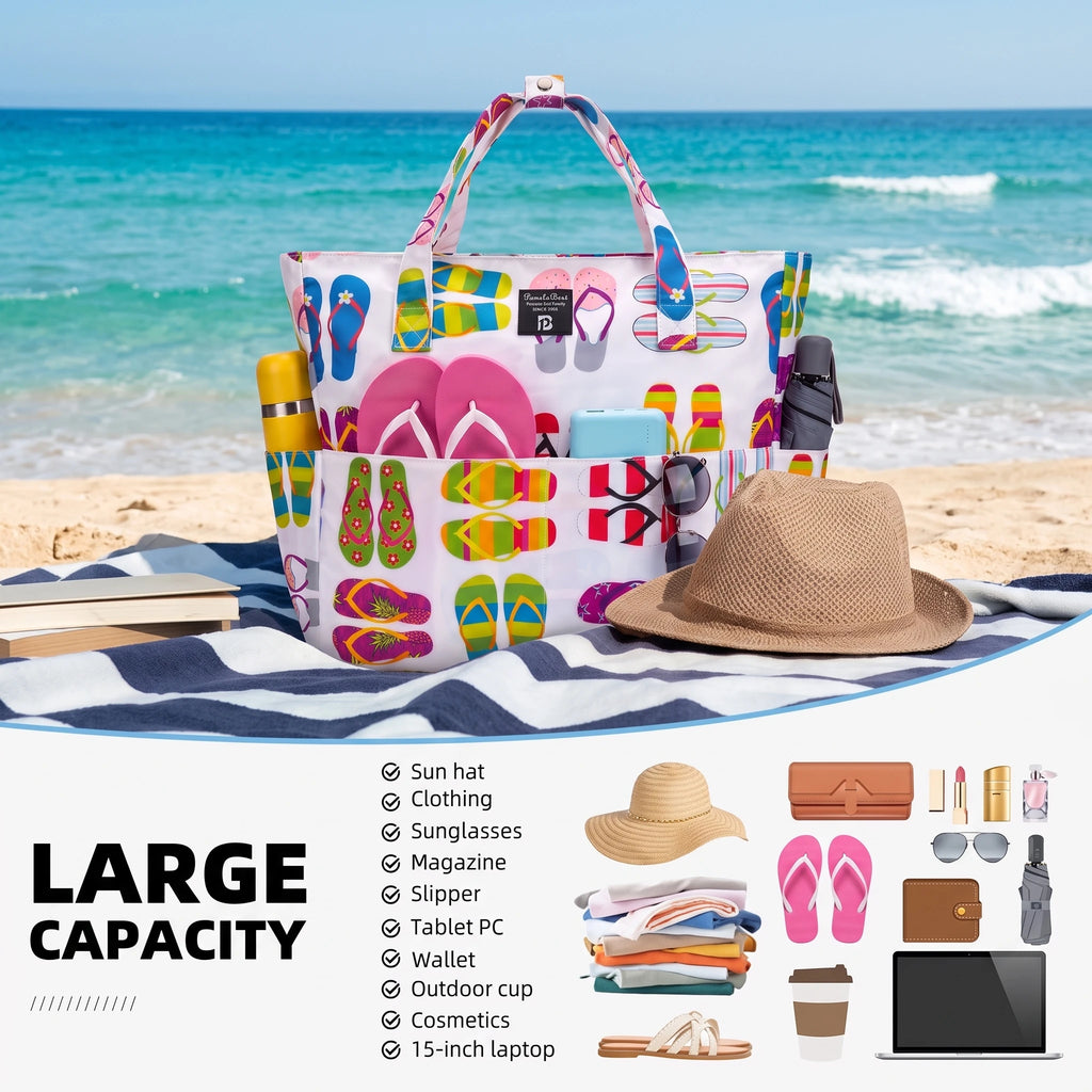9 Pockets Large Beach Tote 35L Waterproof Sandproof Polyester Bag Women Summer Pool Travel Handbag Portable Swim Shoulder Bag
