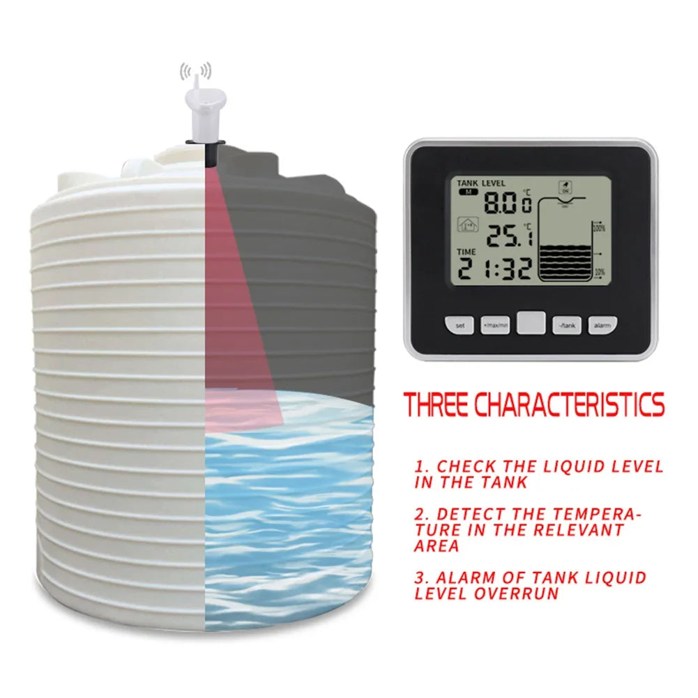 Ultrasonic Water Tank Liquid Level Meter Temperature Sensor Time Display W/ Alarm Ultrasonic Water Tank Liquid Depth Level Meter