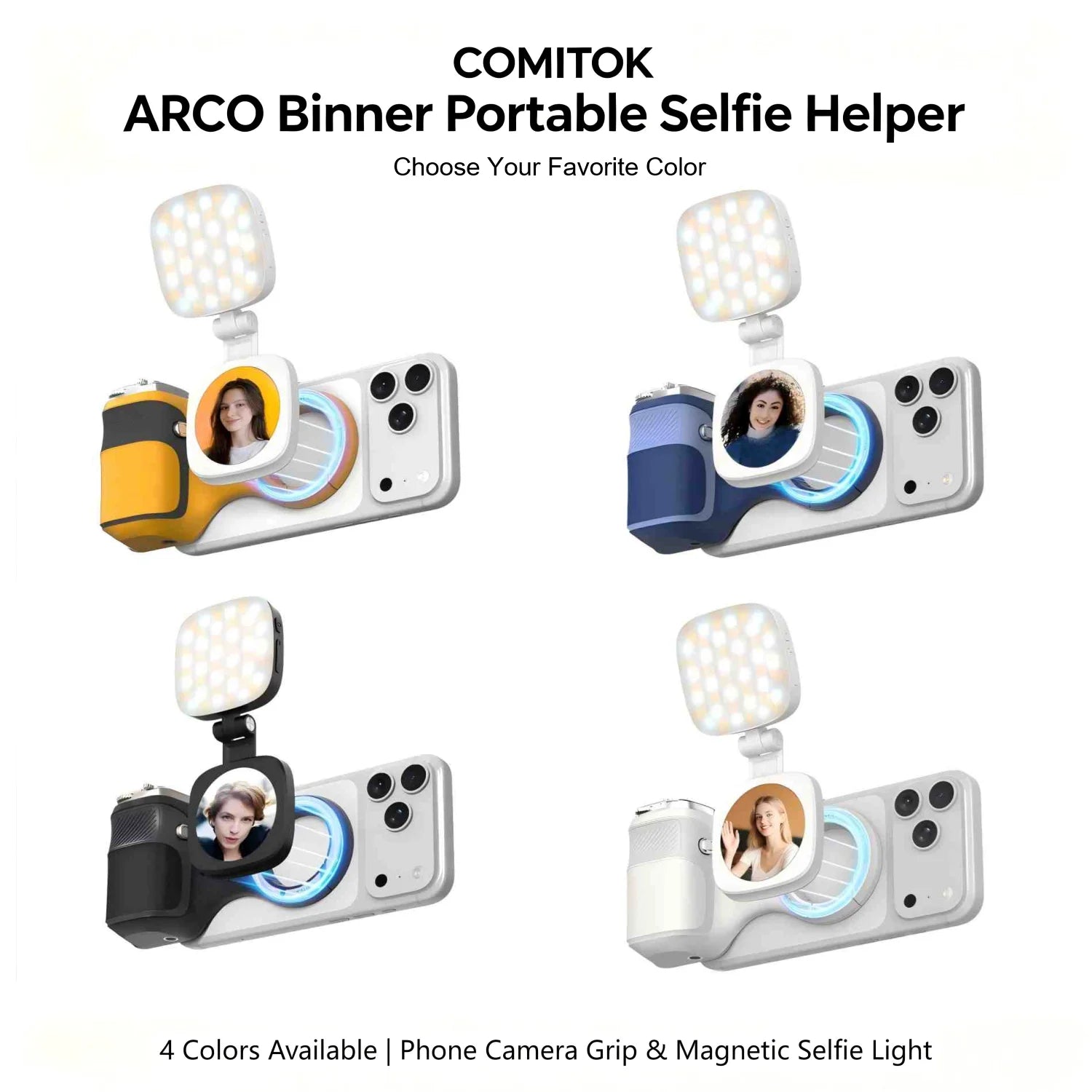 COMITOK ARCO BINER Magnetic Phone Camera Grip with Light for iPhone 17 Detachable Remote Ergonomic Holder for Selfie Vlog Video
