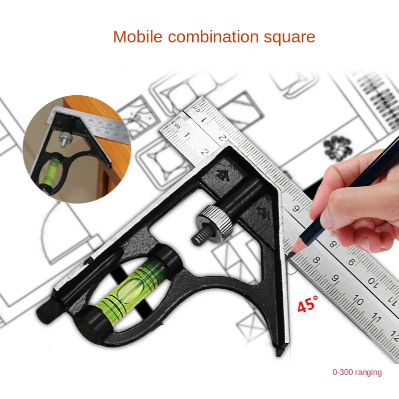 Movable Combination Square with Level 300mm Stainless Steel Angle Ruler for Woodworking 45/90 Degree Angle Finder Carpenter Tool
