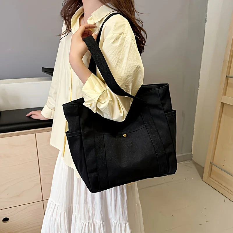 Stylish Large Capacity Canvas Tote Bag, Zipper Closure Durable Shoulder Straps Perfect for Commuting, College and Book Carrying