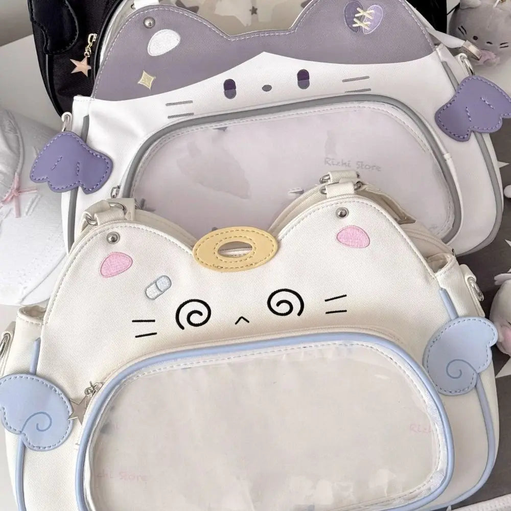 Zipper Bag Kawaii Cat Itabag Cotton  Bag PU Transparent Pocket Badge Storage Bag Small Item Bag Fashion Backpacks Outdoor