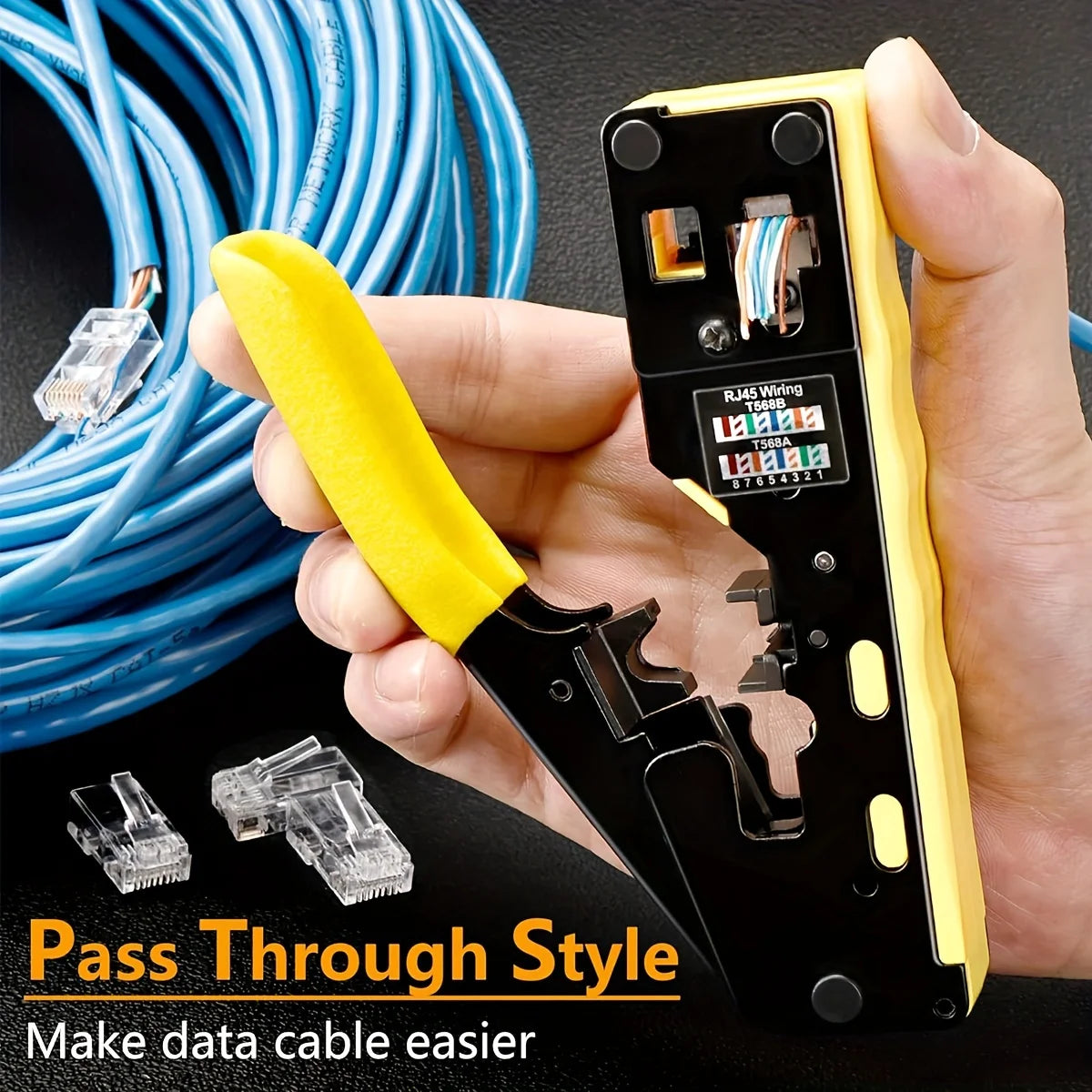 Ratcheting Modular Data Cable Crimper / Wire Stripper / Wire Cutter for RJ11/RJ12 Standard, RJ45 Pass-Thru Connectors