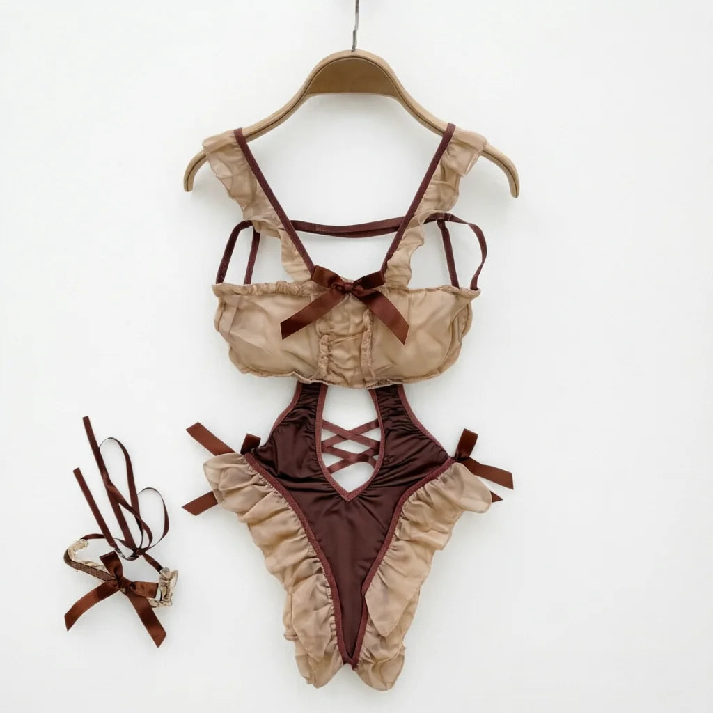 Sexy Bodysuits Bowknot Patchwork Mesh Hollow Hotsweet Lovely Bear Soft Gauze Playsuit Pajama Club Cosplay Costume Women Clothing