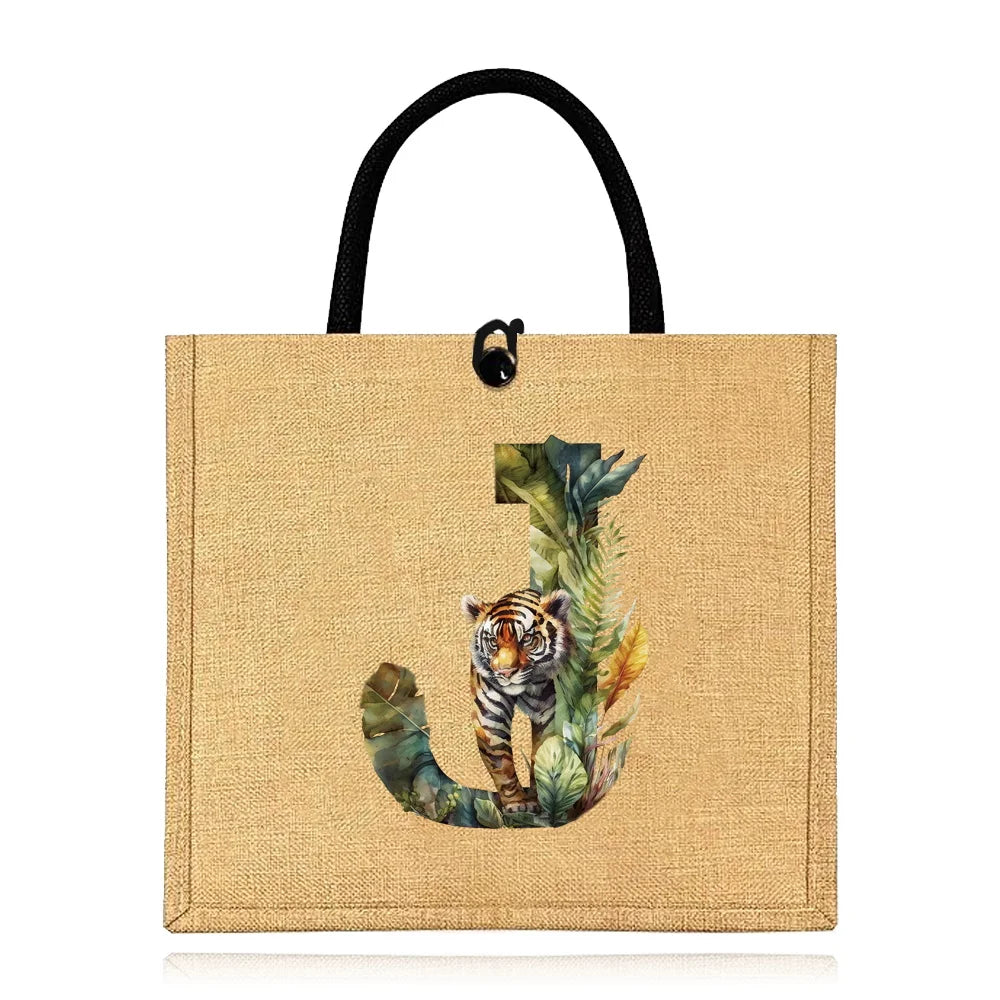 Flax Bag Fastener Handbag Organizer Storage Jute Tote Bags Imitation Cotton Women Valise Portable Jungle Tiger Printing Series