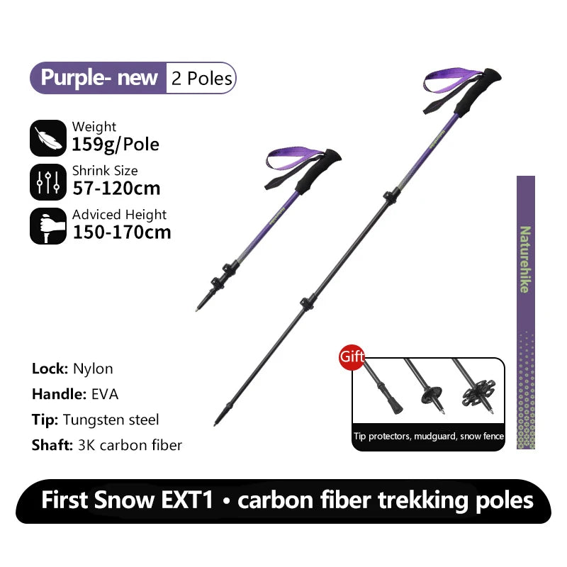 Naturehike Walking Stick First Snow EXT1 Carbon Fiber Hiking Poles 3 Section Ultra-light Telescopic Outdoor Climbing Hiking Cane