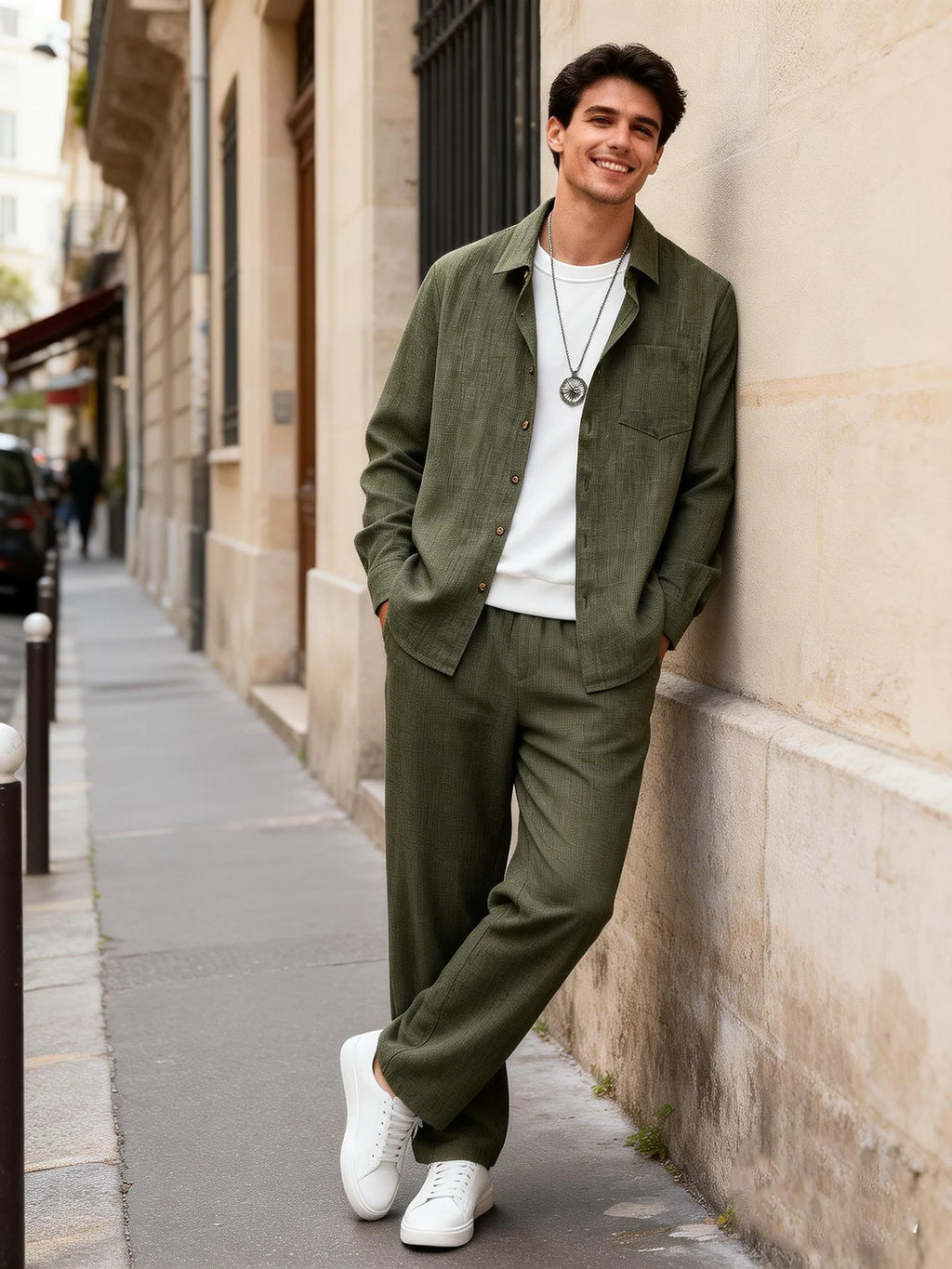 Men's Spring and Autumn Thin Cotton-Linen Two-Piece Set, Army Green Collared Long-Sleeve Shirt and Straight-Leg Pants, Vintage Wooden Button Loose Comfortable Casual Men's Outfit Set