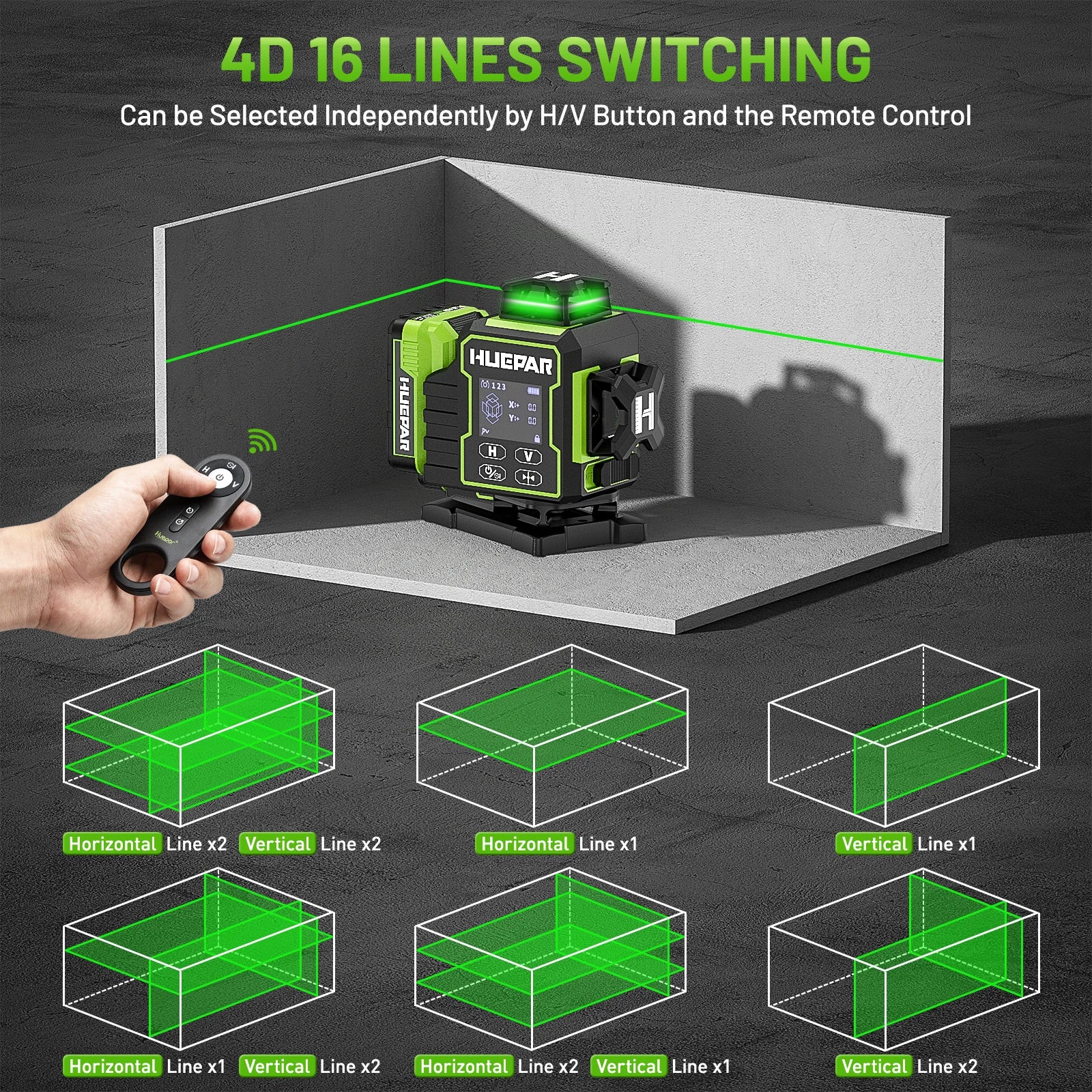 Huepar W04CG 16 Green Lines 4D Self-leveling Remote & Bluetooth Control Laser Level with LCD Touch Panel
