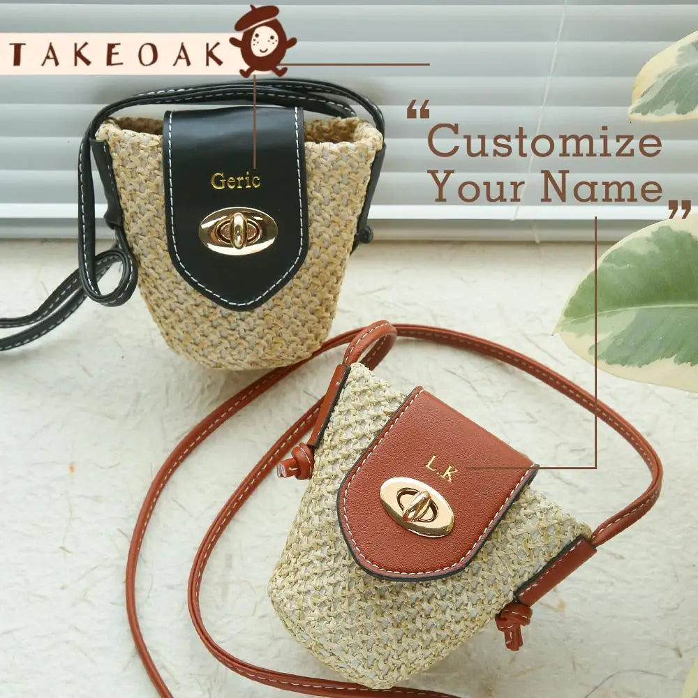 Custom Gold Embroidery Name Mini Straw Crossbody Bag Summer Woven Earphone Lipstick Storage Purse Tiny Leather Flap Shoulder Bag
