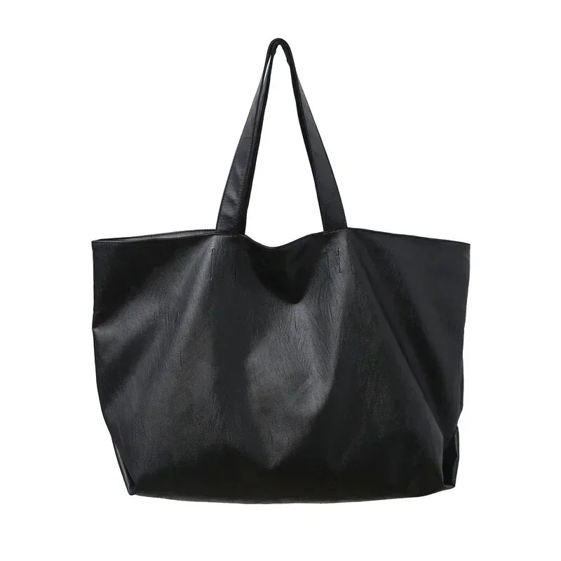 New PU Black Zipper Large Capacity Handbag Lightweight Soft Leather Shoulder Bag Unisex Simple Fashionable Versatile Tote Bags