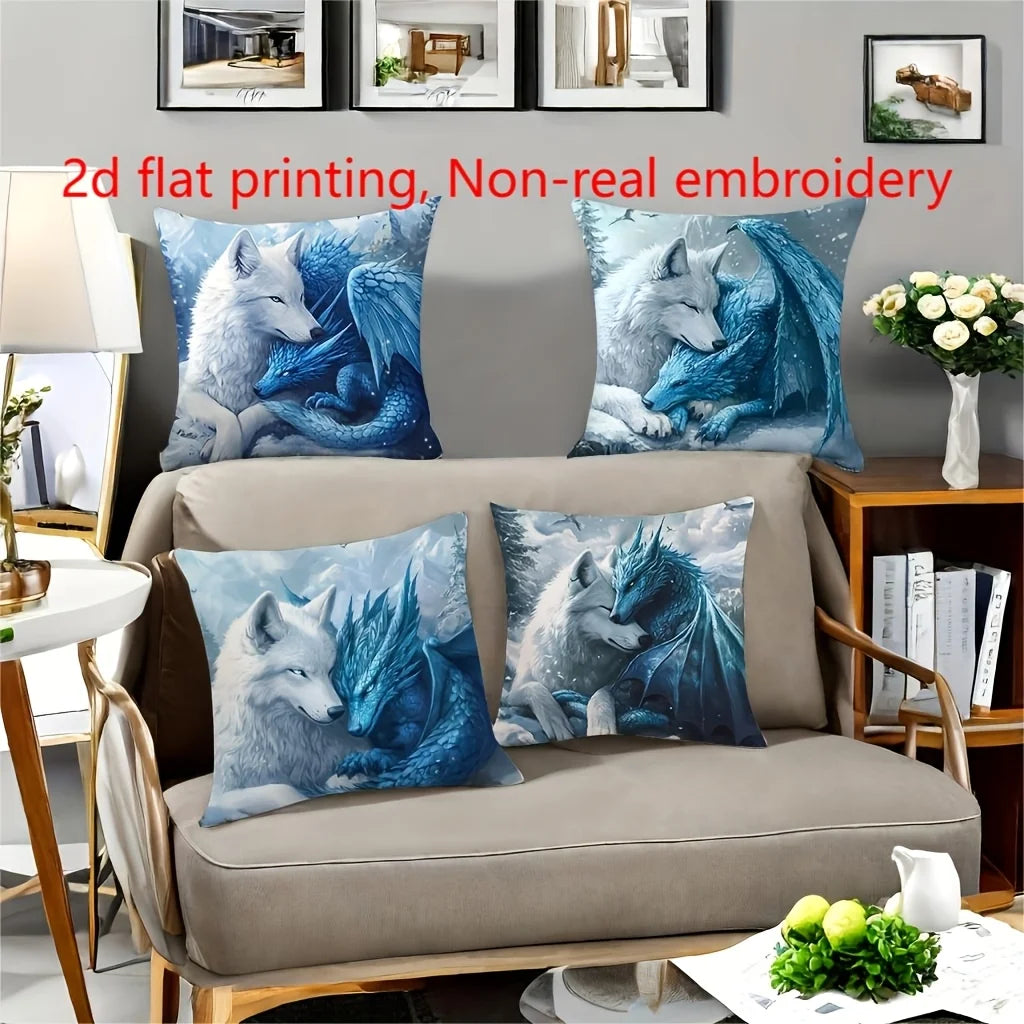4 pillowcases featuring a design of a white wolf and a blue ice dragon. Comfortable and stylish, decorating your home sofa.