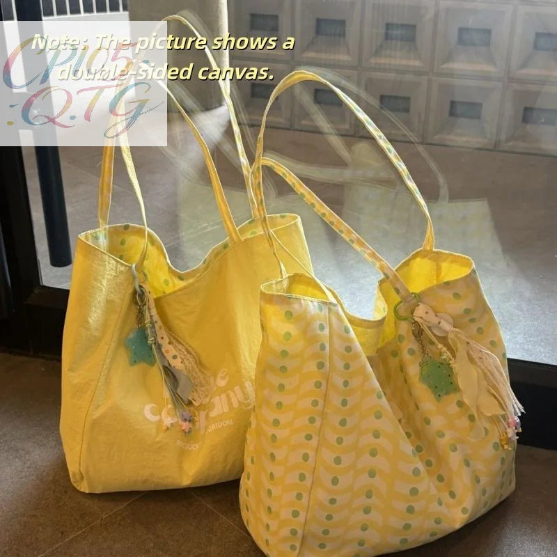 1PCS Korean Style Reversible Canvas Tote Bag Large Capacity Casual Shoulder Bags For Women Student Work Gift Shopping Bags