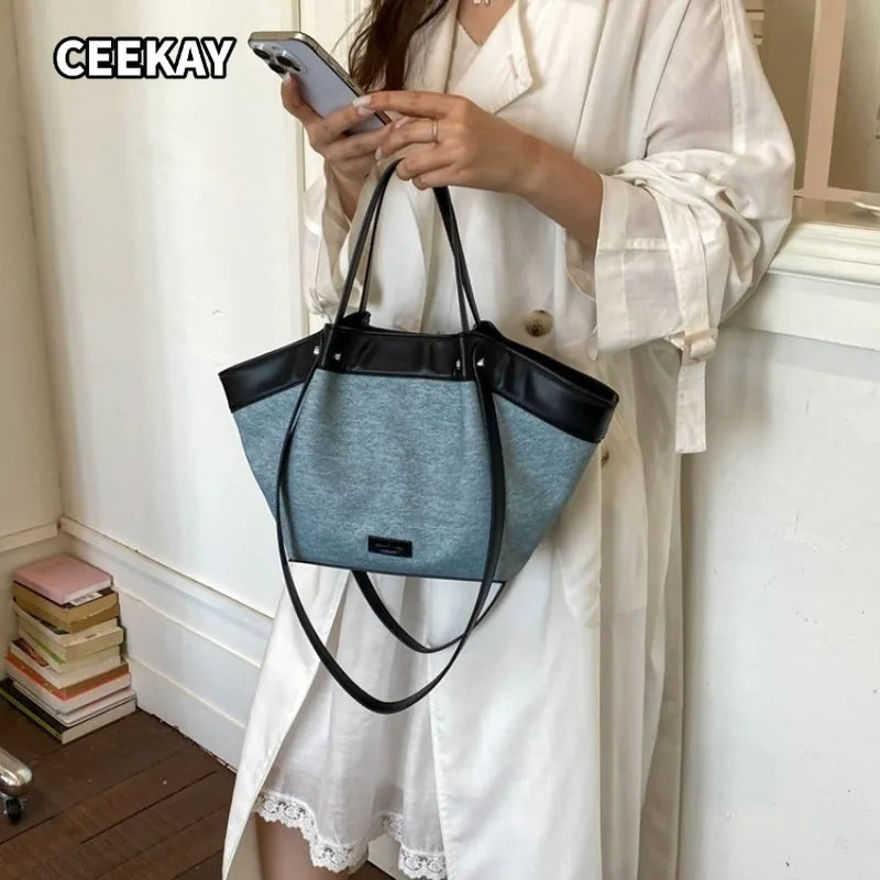 CEEKAY Minimal Linen PU Spliced Large Tote Bag Leather Long Handle Blank Front Tag Two Ways Carry Light Portable Shoulder Purse