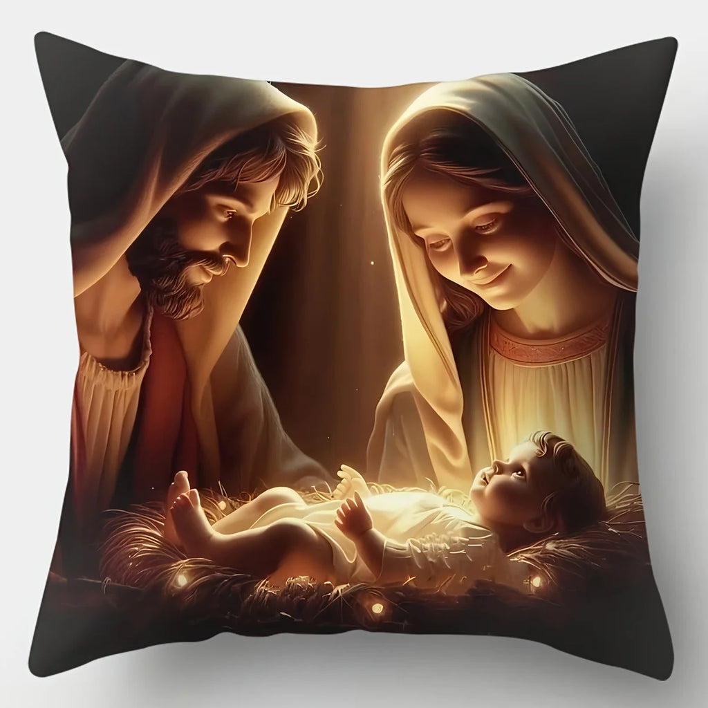4Pcs Traditional Christmas Pillow Covers - Cozy Nativity Scene with Jesus, Ox Sheep Pattern,Woven Polyester for Living Room Home