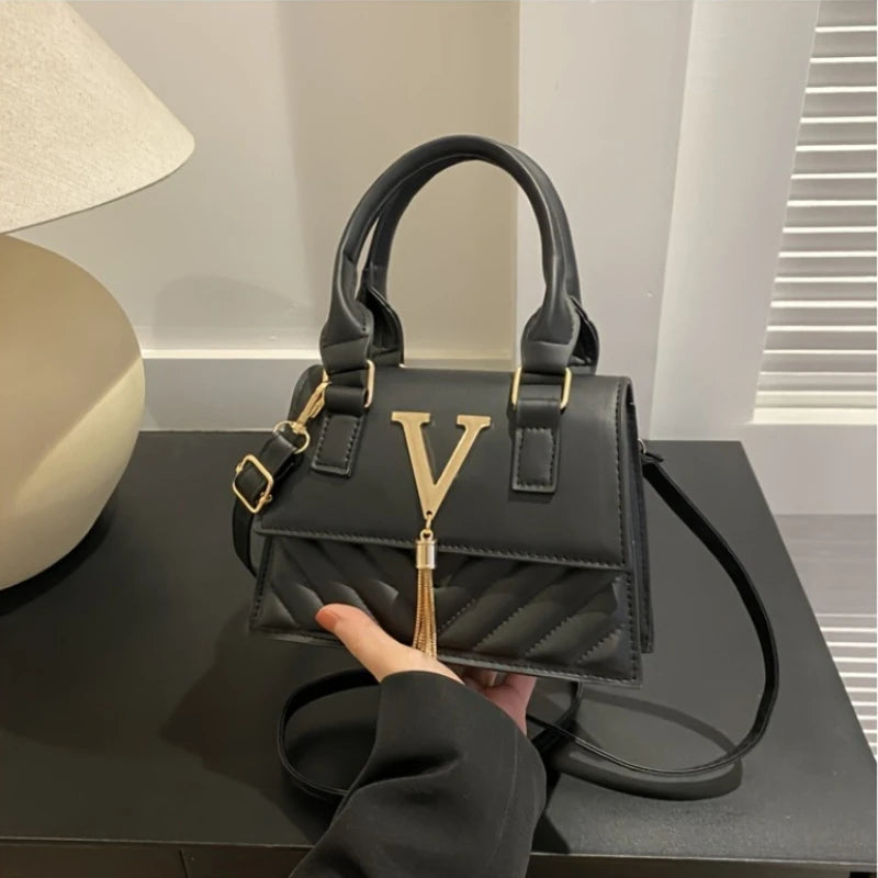 Fashion Quilted Top-Handle Bag, Gold V-Shape Tassel Hardware Satchel with Detachable Strap, Elegant Crossbody Purse for Women