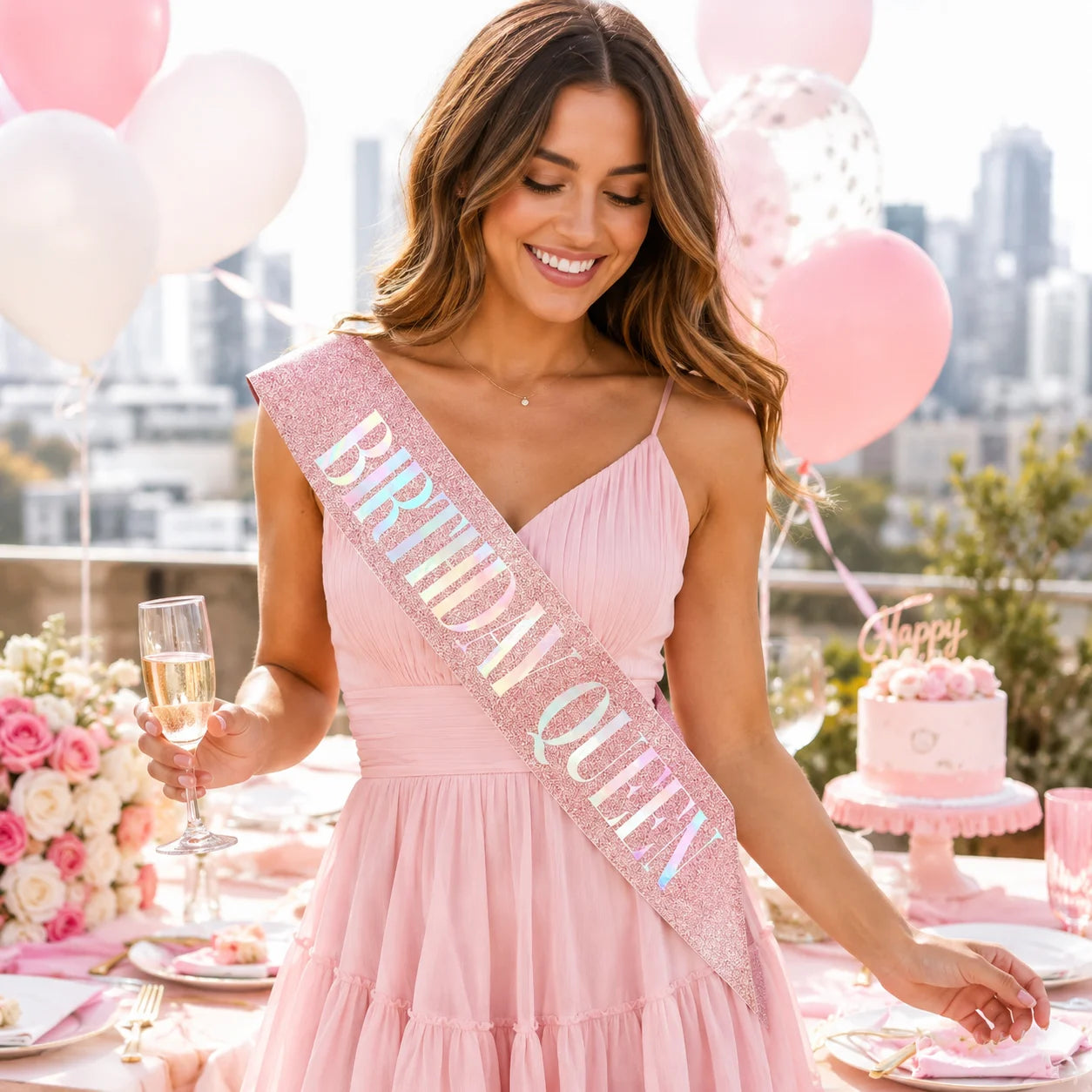 1PC Birthday Queen Sash for Women Pink Glitter Party , Holographic Birthday Girl Shoulder Strap for Birthday Party Decorations.