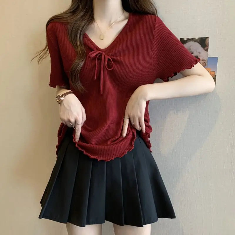 Plus-size women's spring and summer new pure color slimming and age-reducing rope-tied ribbed short-sleeve T-shirt