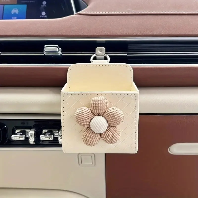 A Flower Patterned PU Leather Car Storage Box, Lightweight and Portable, Glove Box Organizer, Vehicle Interior Decoration