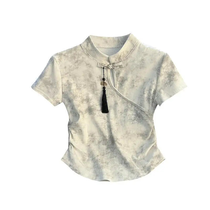 Plus-size women's summer new Chinese style versatile mandarin button tie-dye irregular fitted collar short-sleeve T-shirt