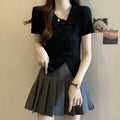 Summer Large-size Women's Clothing New Solid-color Chinese Style Irregular Buckle Slim-fitting V-neck Short-sleeved T-shirt