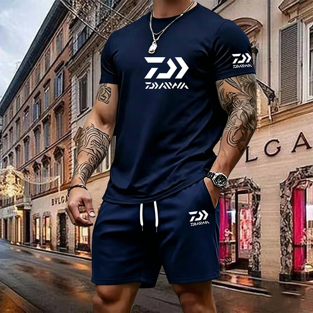 2026 Summer New Men's Fashion Outdoor Sports Set Printed Short Sleeve T-shirt+Shorts Loose Home Leisure Two Piece Set