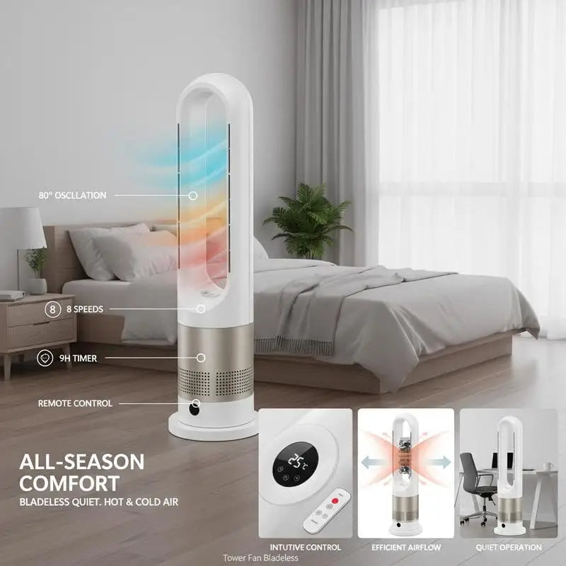 Bladeless Column Fan 40-Inch For Bedroom Office Home, 16ft/s Velocity Hot Cold Airflow 80° Oscillation 8 Speeds 9H Timer Remote Control Vertical Floor Fan