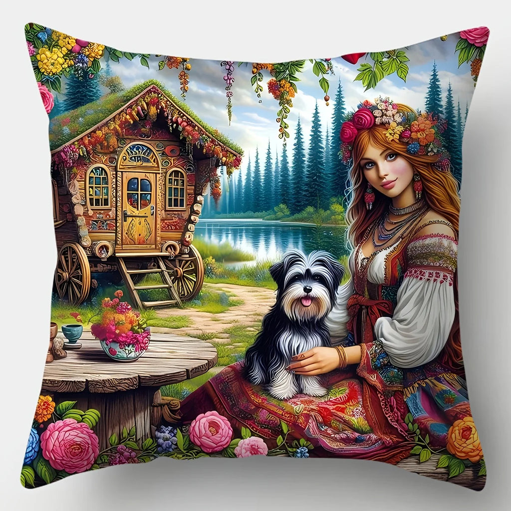 4-piece printed cushion cover set, featuring a floral maiden design with dogs and log cabins, suitable for living room sofa