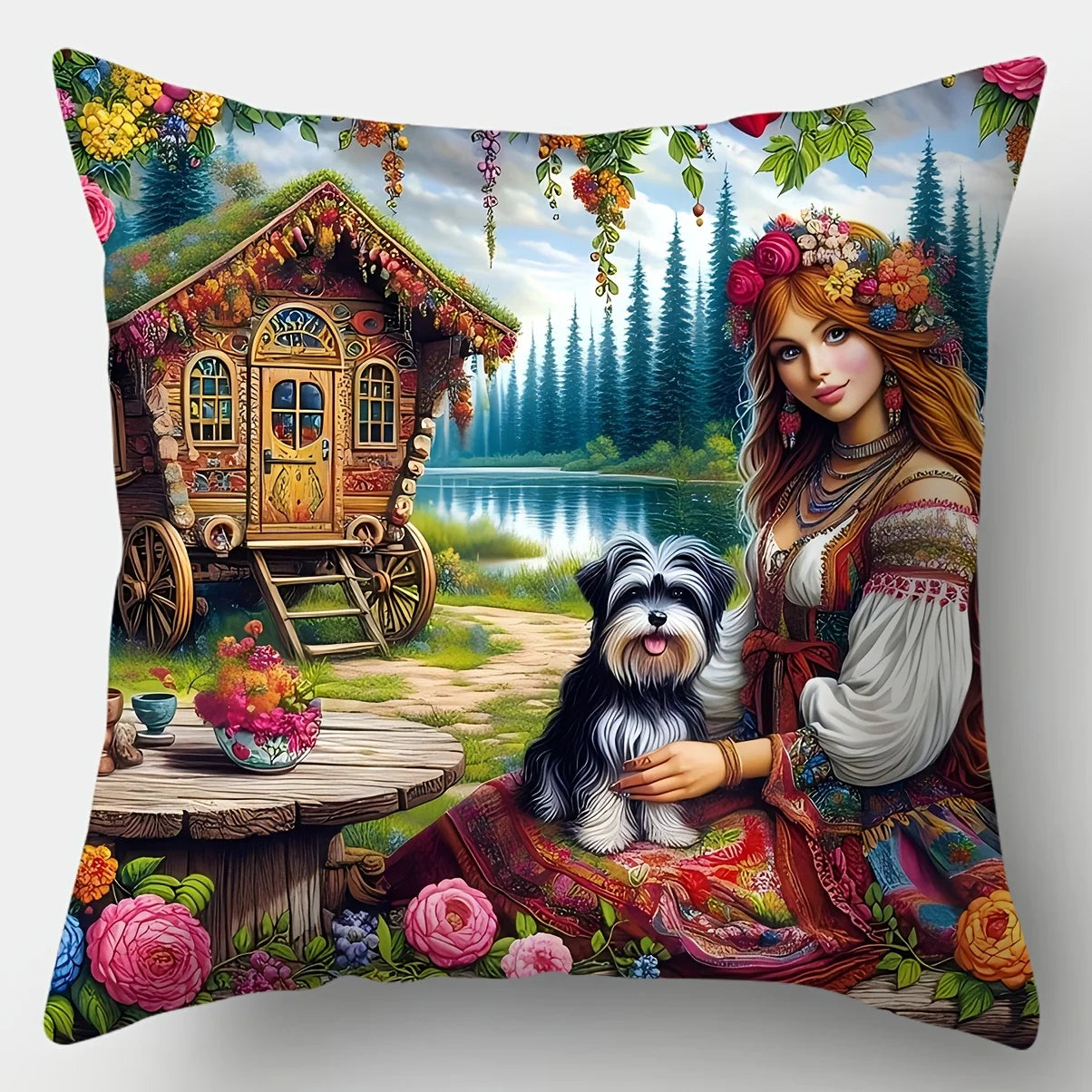 4-piece printed cushion cover set, featuring a floral maiden design with dogs and log cabins, suitable for living room sofa