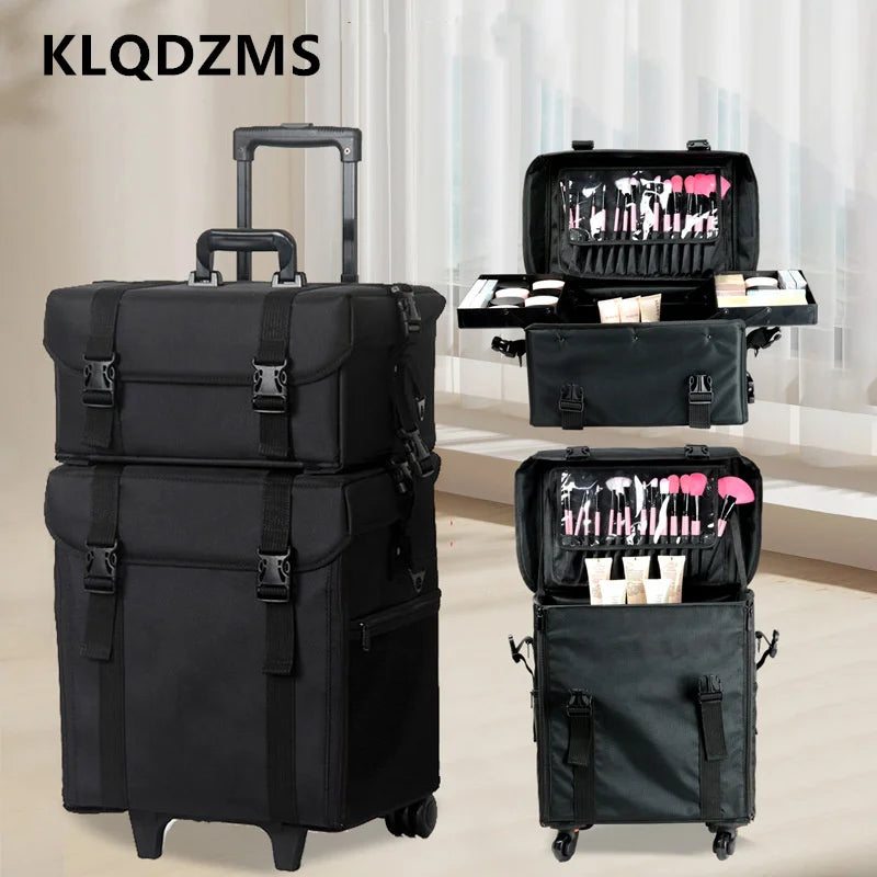 KLQDZMS Professional Cosmetic Case Female Oxford Cloth Beauty Manicure Toolkit Large Capacity Trolley With Wheel Luggage Bag