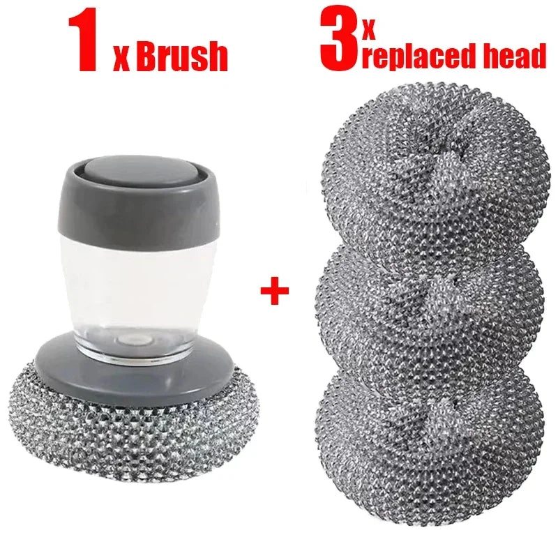 1~5PCs Automatic Liquid Adding Pot Washing Brush Stainless Steel Press Brush Kitchen Tool Household Cleaning Brush